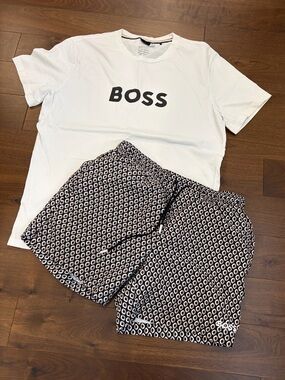 Boss White Logo Tee with Black Patterned swim Shorts